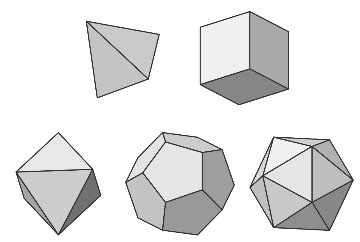 The five Platonic solids: two above, three below